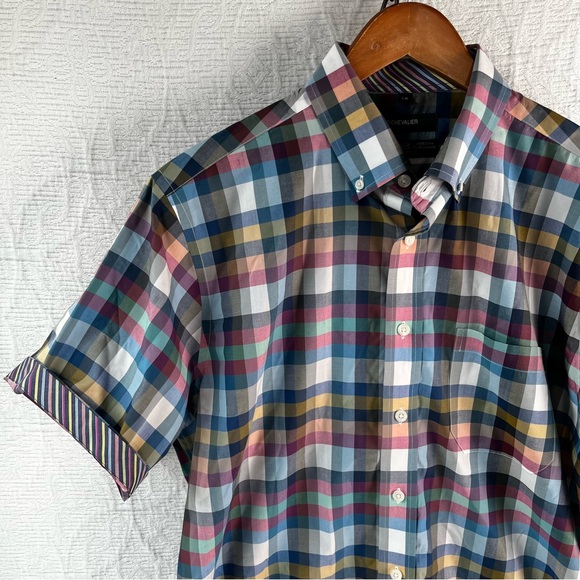 Leo Chevalier Men L Shirt Vtg Plaid Check Colorful Light Cotton No Iron Button - Picture 2 of 16